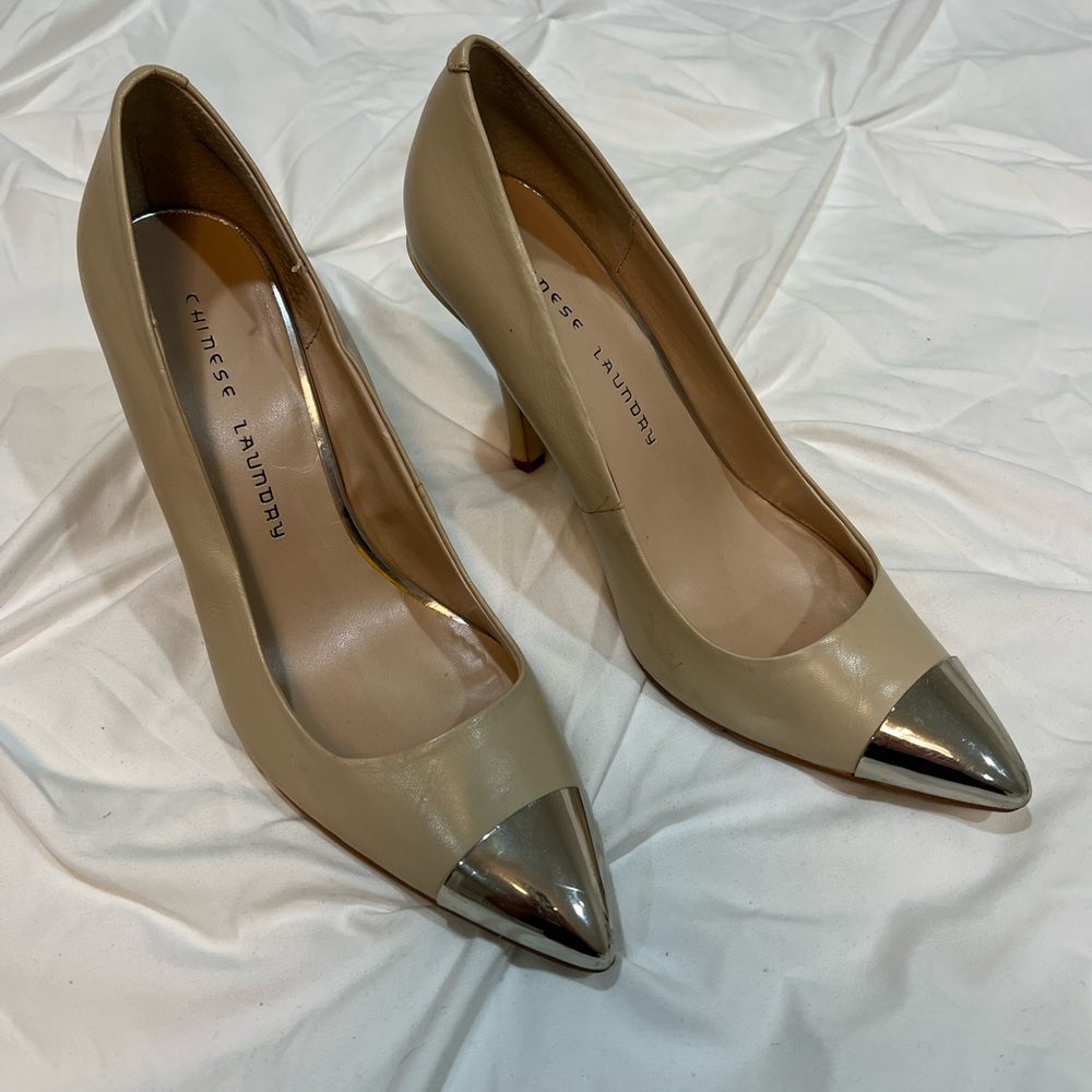 Nude Leather Silver Metal Pointy Toe Heels